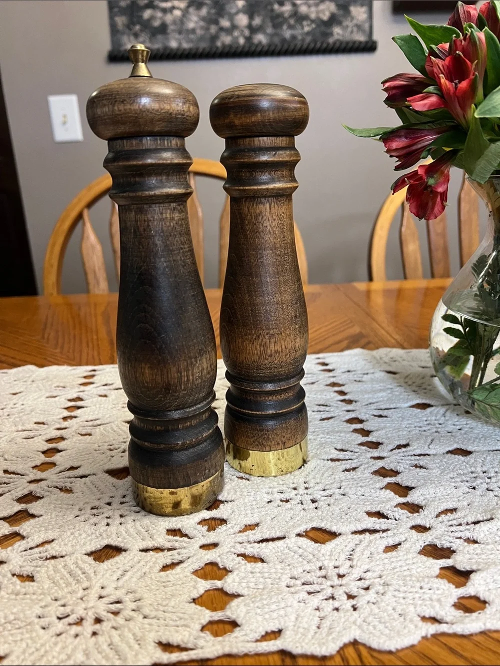 Vintage MCM Wooden Salt shake and Pepper Mill Set with Brass Accents - Brown